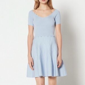Sandro Powder Blue Scalloped Neck Fit-and-Flare Dress